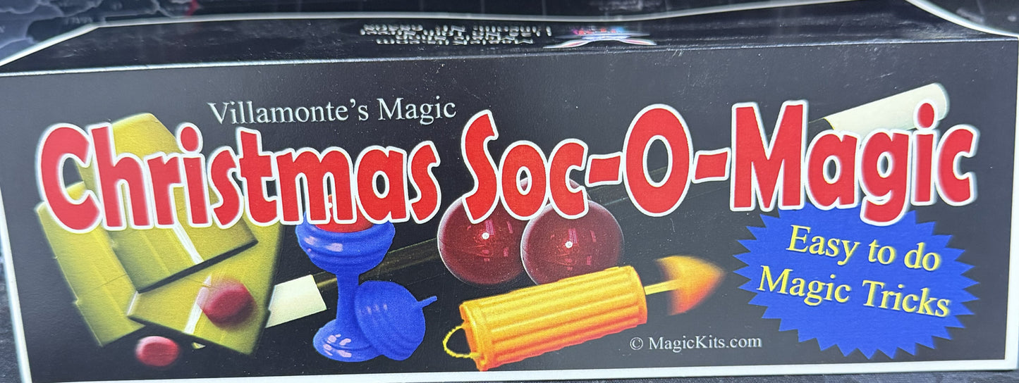 Villamonte's Magic Christmas Soc-O-Magic product packaging with colorful illustrations and text.