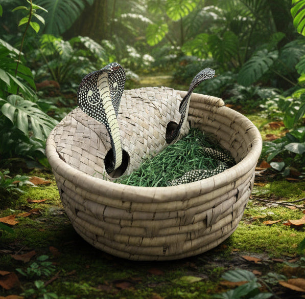 Two toy snakes in a woven basket with grass-like material