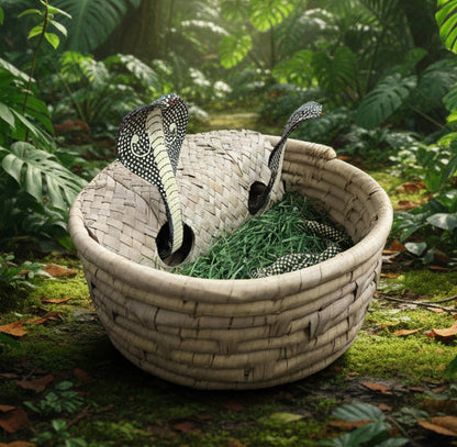Two toy snakes in a woven basket with grass-like material