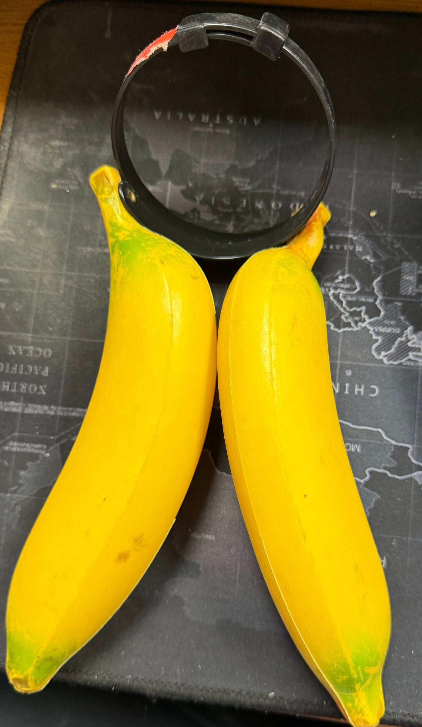 Two bananas on a desk next to a magnifying glass