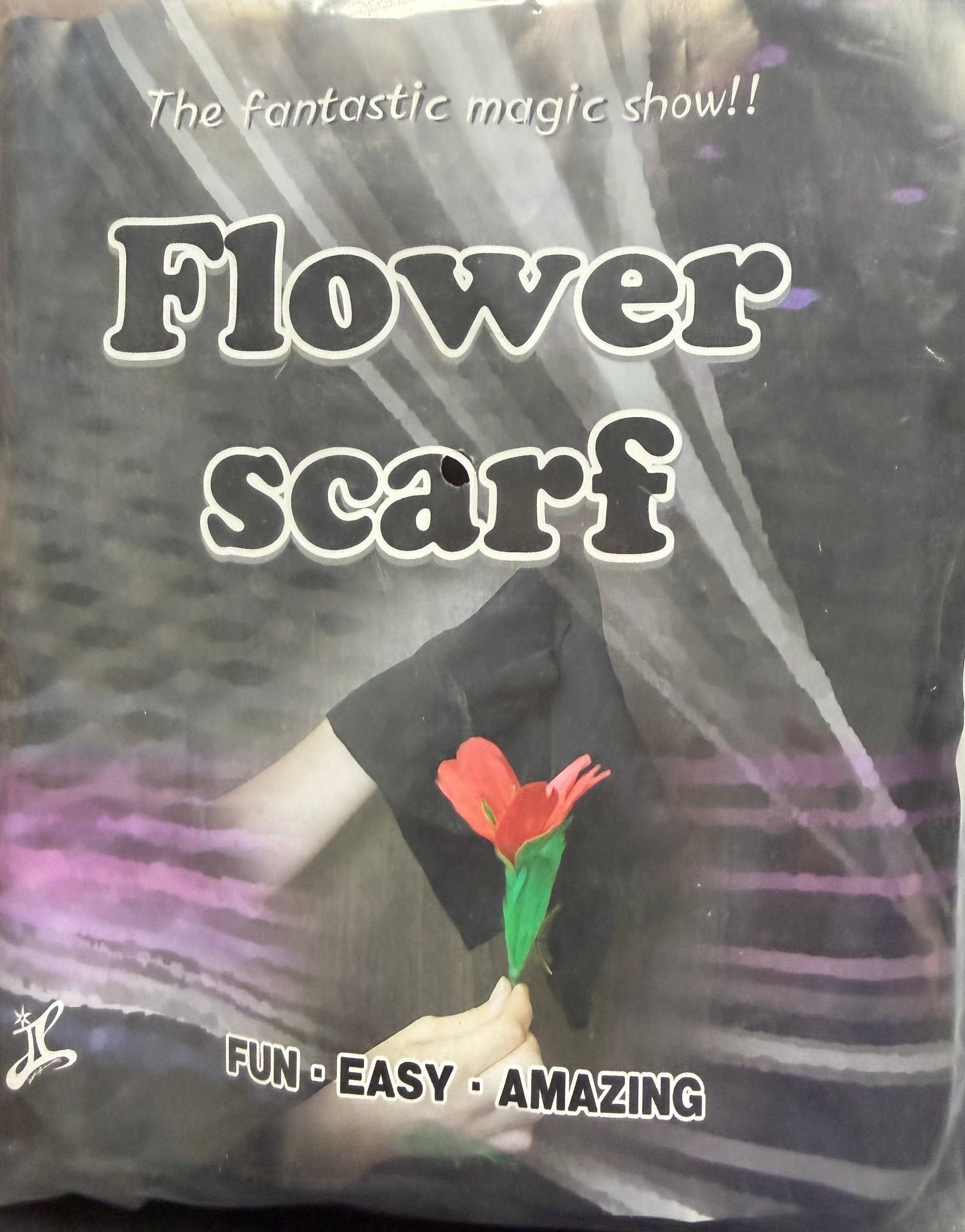 Flower scarf packaging with text on a dark background