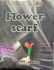 Flower scarf packaging with text on a dark background
