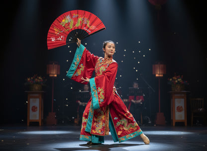 Red fan with green dragon design held by a hand against a white wall.