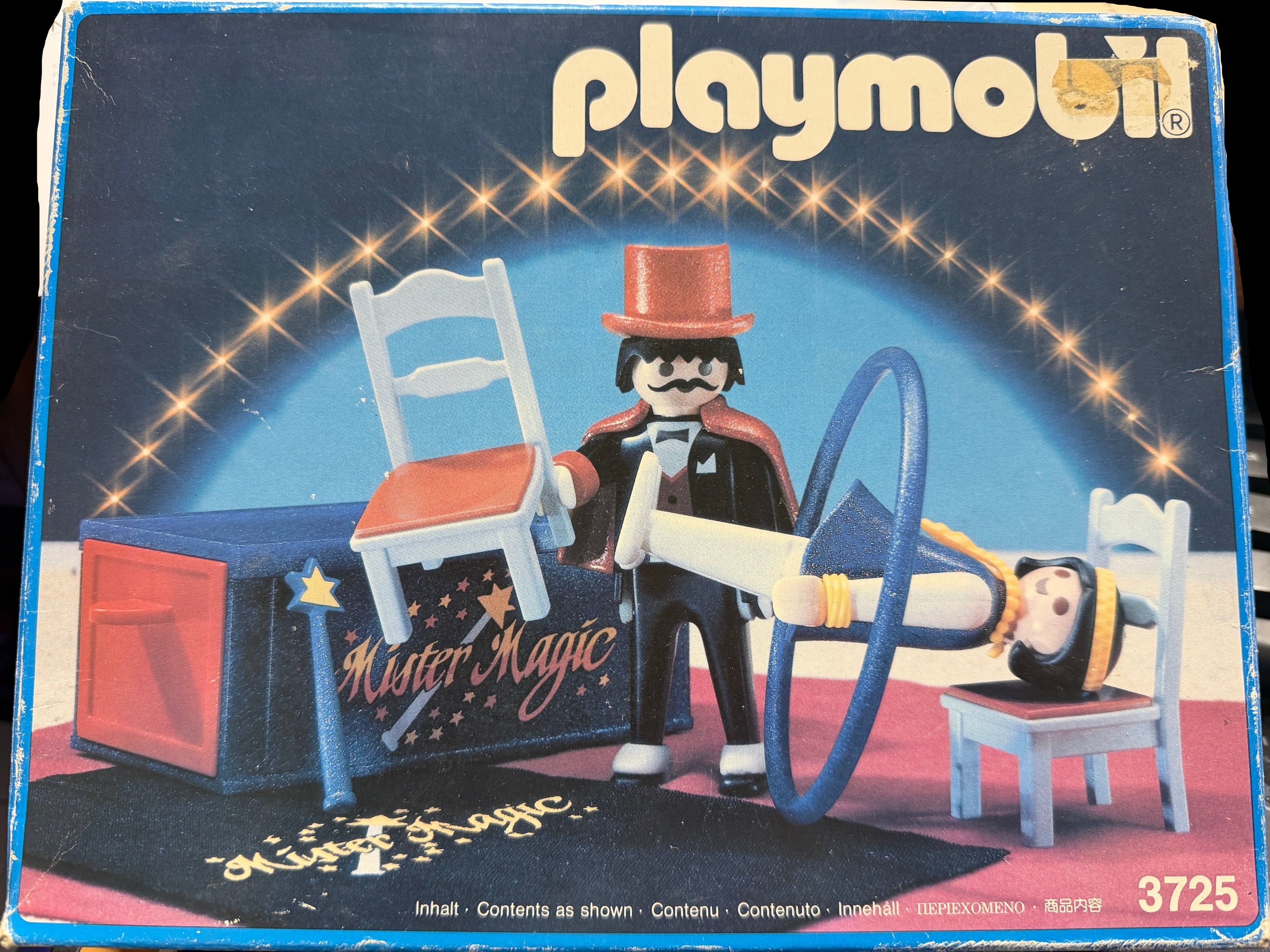 Playmobil toy set packaging with magician figure and circus-themed elements