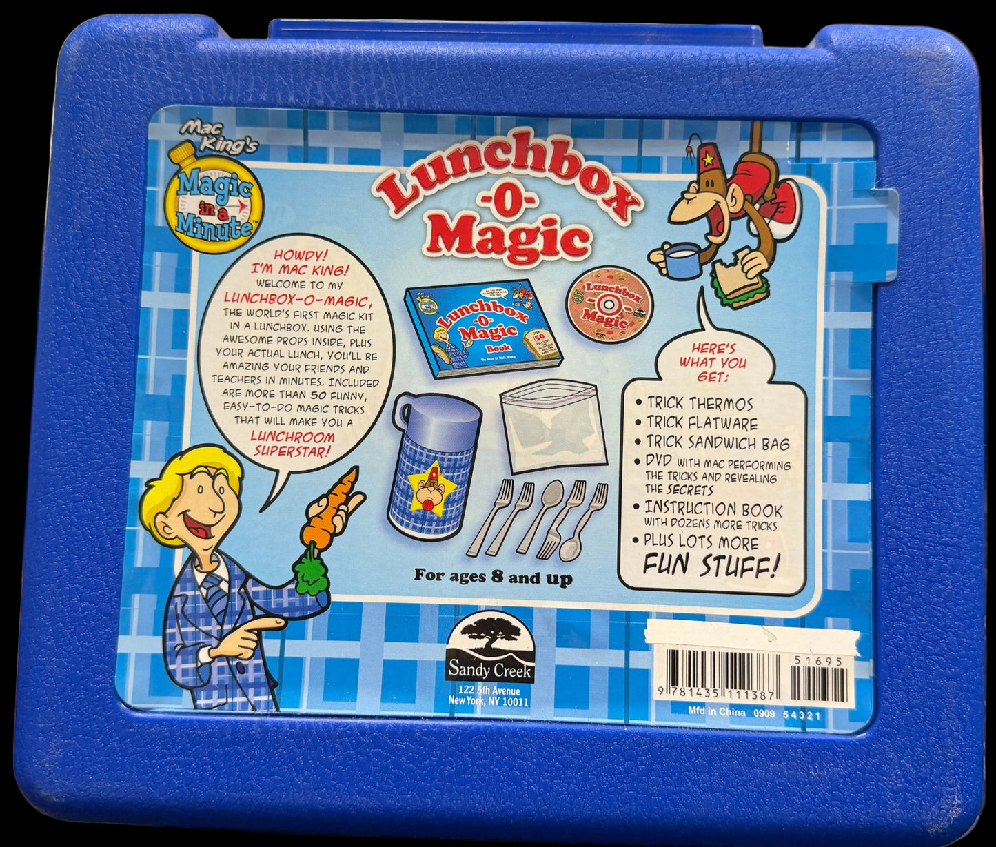 Blue lunchbox with 'Lunchbox-O-Magic' packaging on a white background
