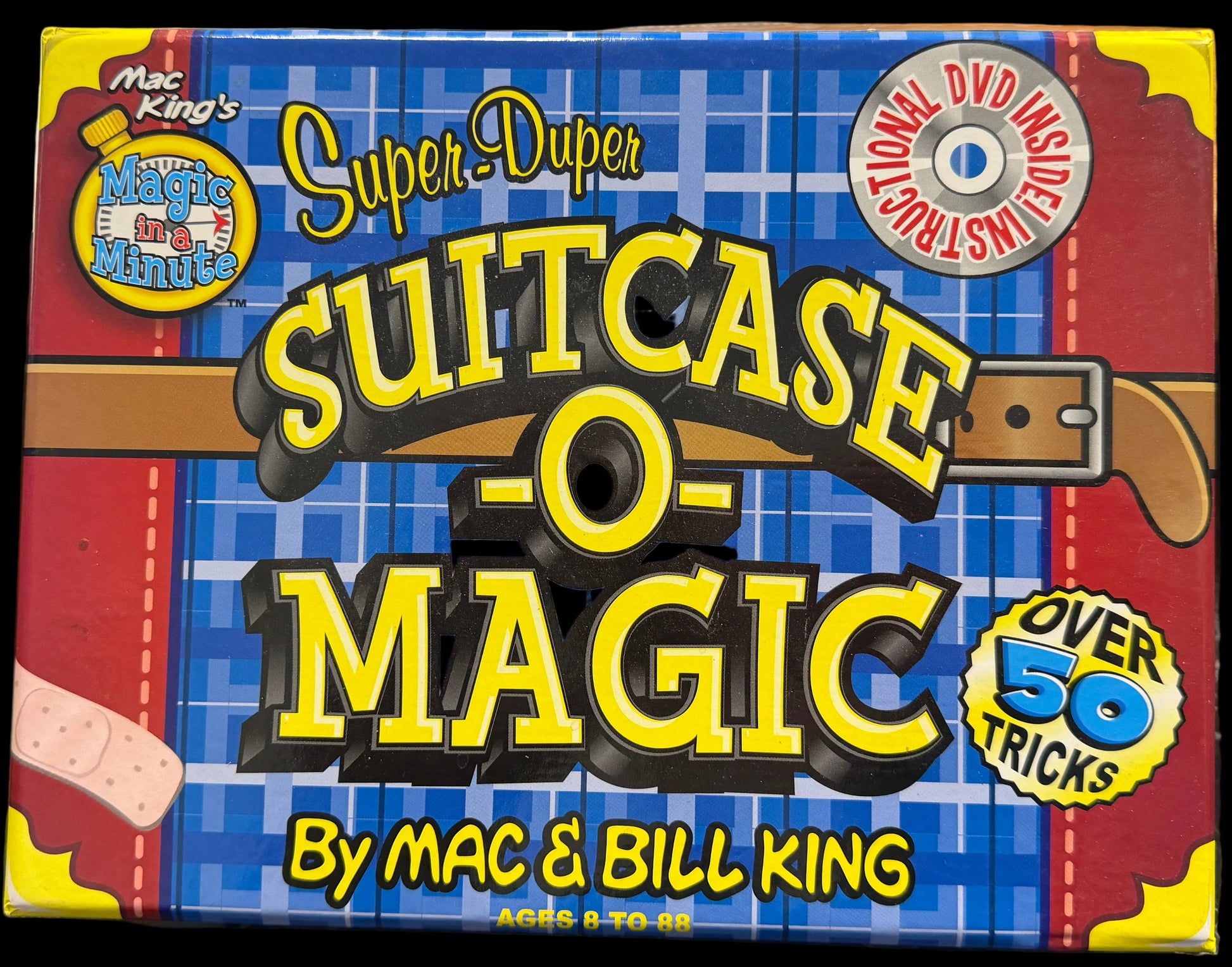 Box of 'Super Duper Suitcase O' Magic' with colorful design and text on a black background