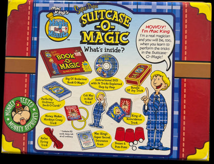 Suitcase of Magic toy packaging with colorful design and text on a black background