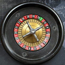Close-up of a roulette wheel on a textured surface with map design