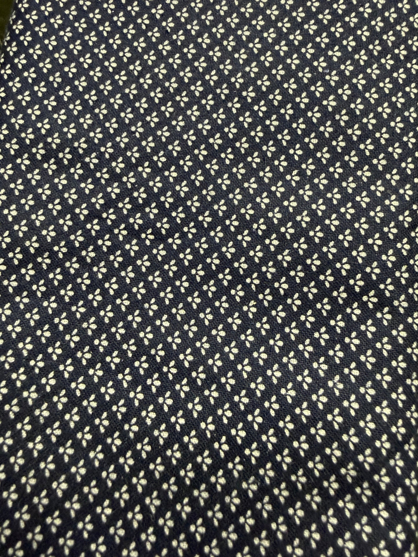 Navy blue fabric with small white floral pattern