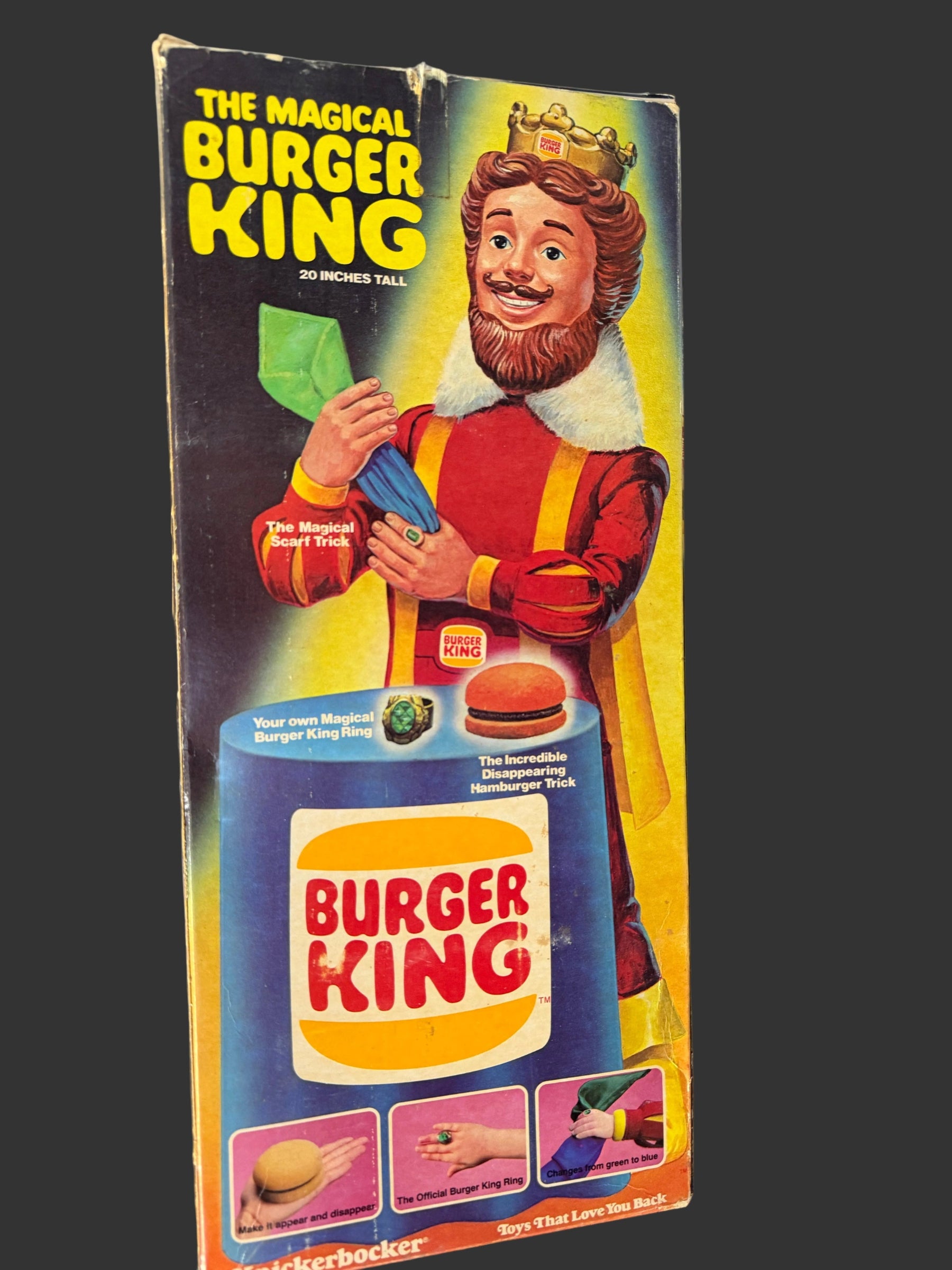 Vintage Burger King toy box with cartoon character and colorful design.