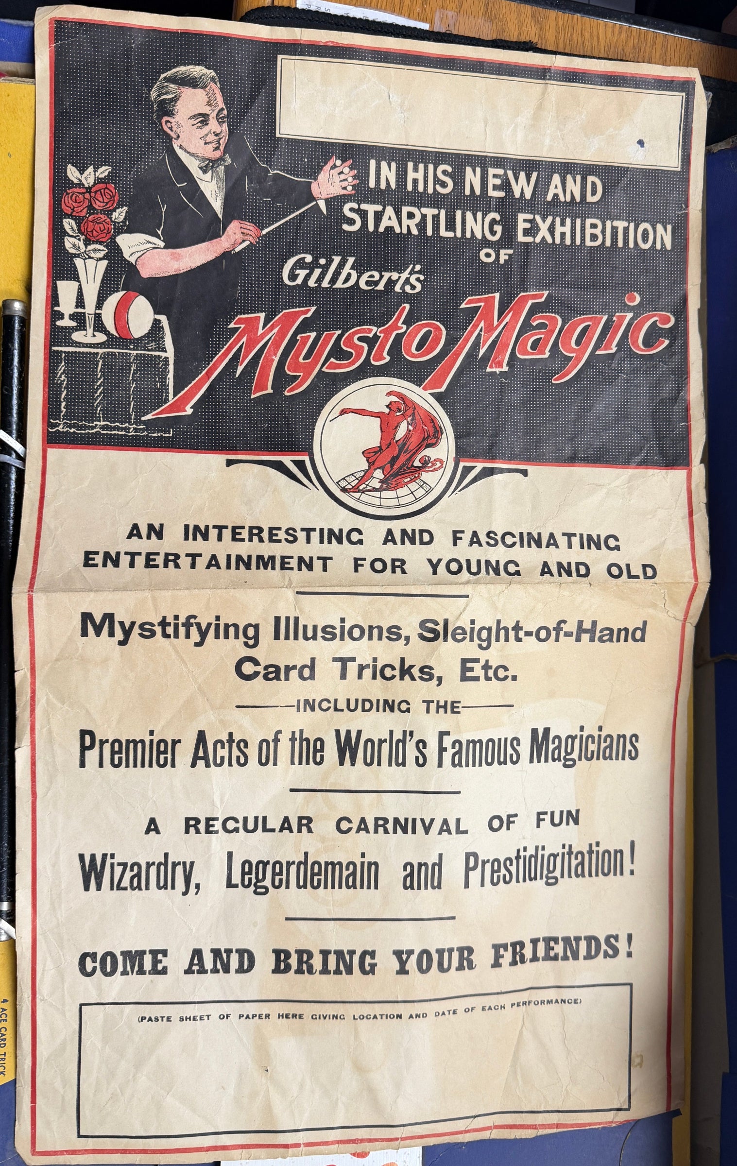 Vintage advertisement for Gilbert's Mysto Magic on a table with playing cards.