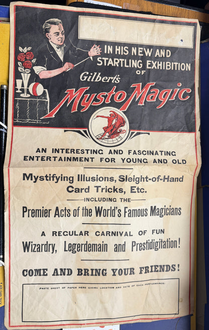 Vintage advertisement for Gilbert's Mysto Magic on a table with playing cards.