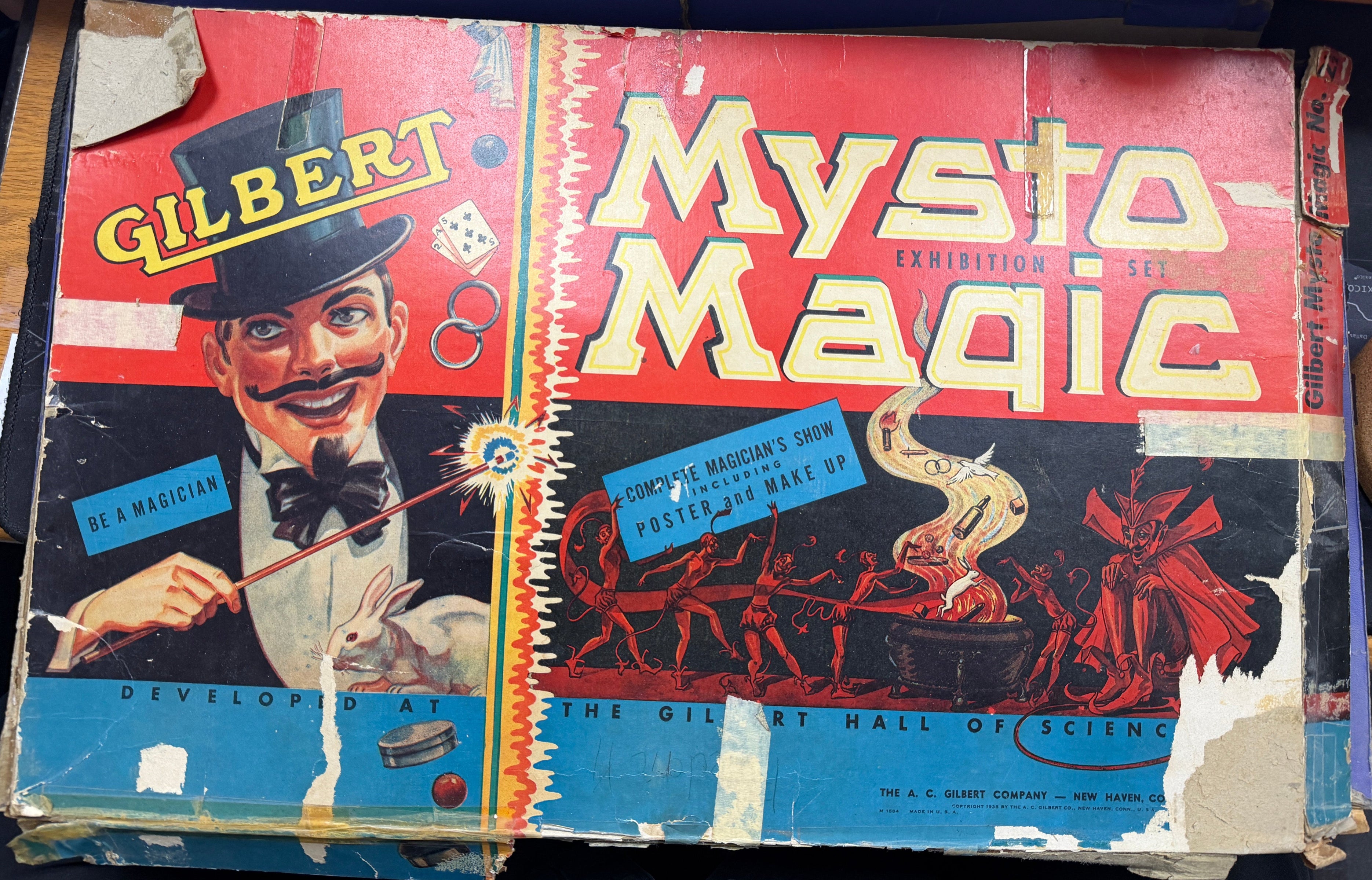 Vintage 'Mysto Magic' toy box with colorful graphics and text.