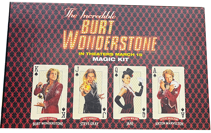 Promotional packaging for 'The Incredible Burt Wonderstone' magic kit with playing card designs and actor names.
