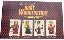 Promotional packaging for 'The Incredible Burt Wonderstone' magic kit with playing card designs and actor names.