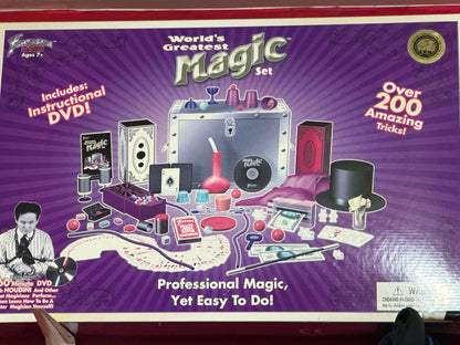 World's Greatest Magic Set packaging with various magic props and an instructional DVD on a purple background.