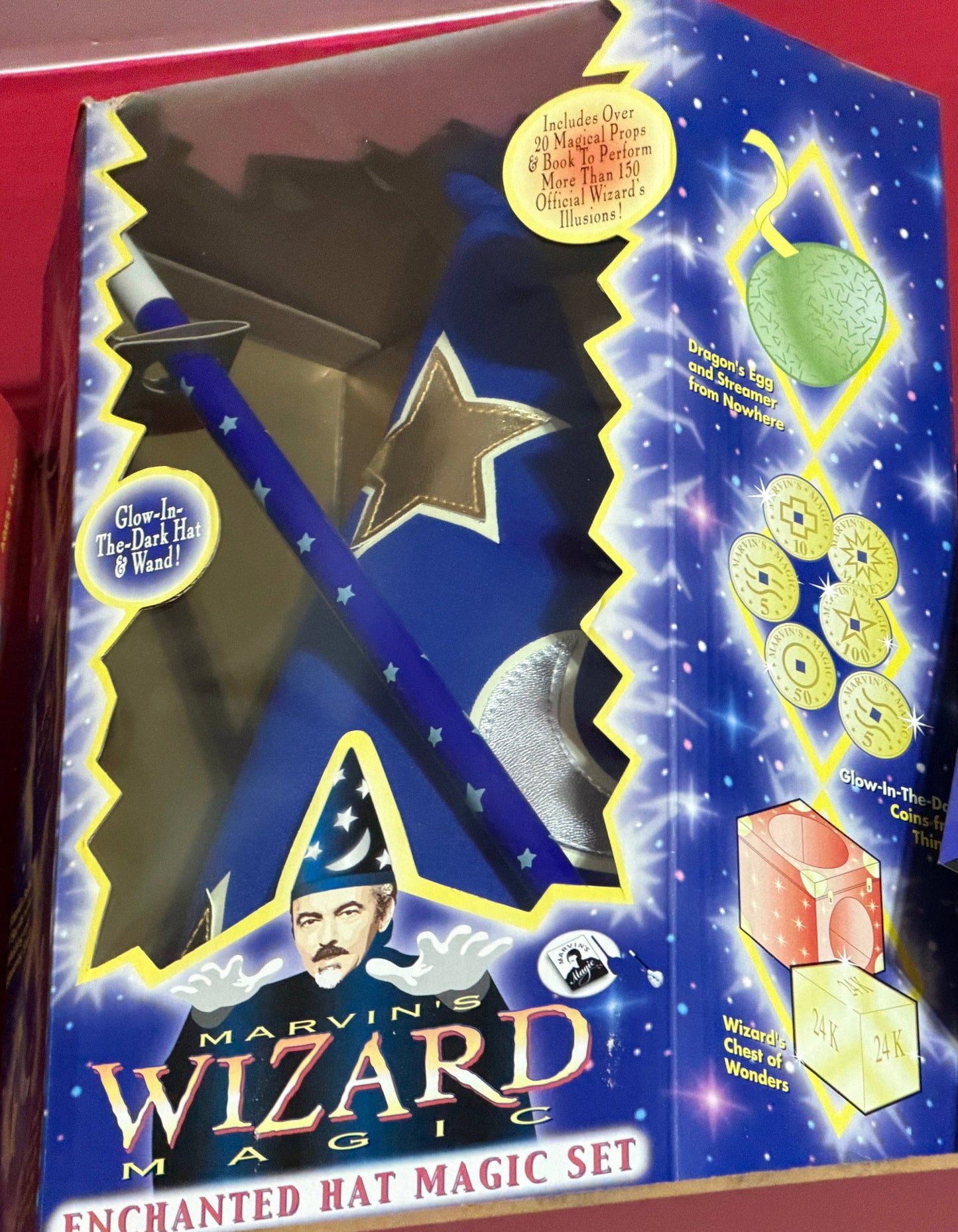 Marvin's Wizard Magic Enchanted Hat Magic Set packaging on a red background