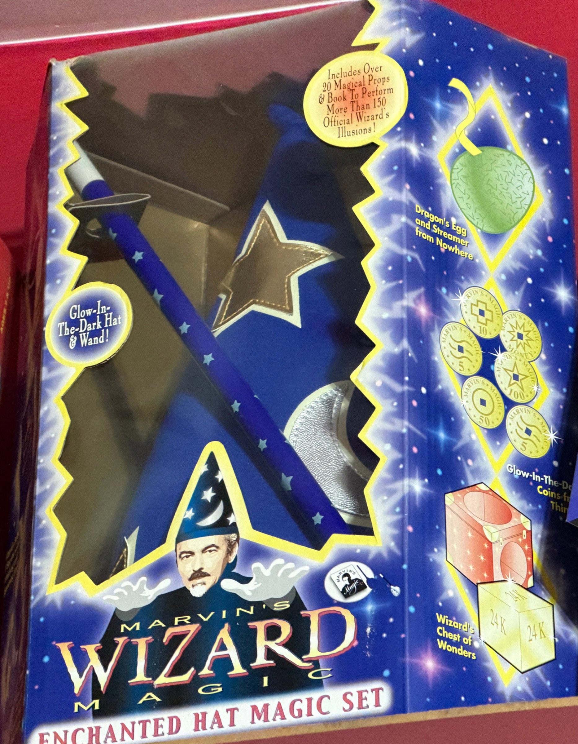 Marvin's Wizard Magic Enchanted Hat Magic Set packaging on a red background