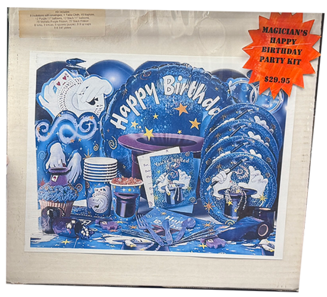 Magician's Happy Birthday party kit packaging with blue and white design.