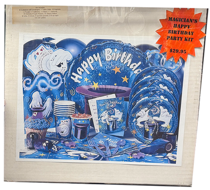 Magician's Happy Birthday party kit packaging with blue and white design.