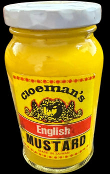 Bottle of Souter's English Mustard on a surface with a map background