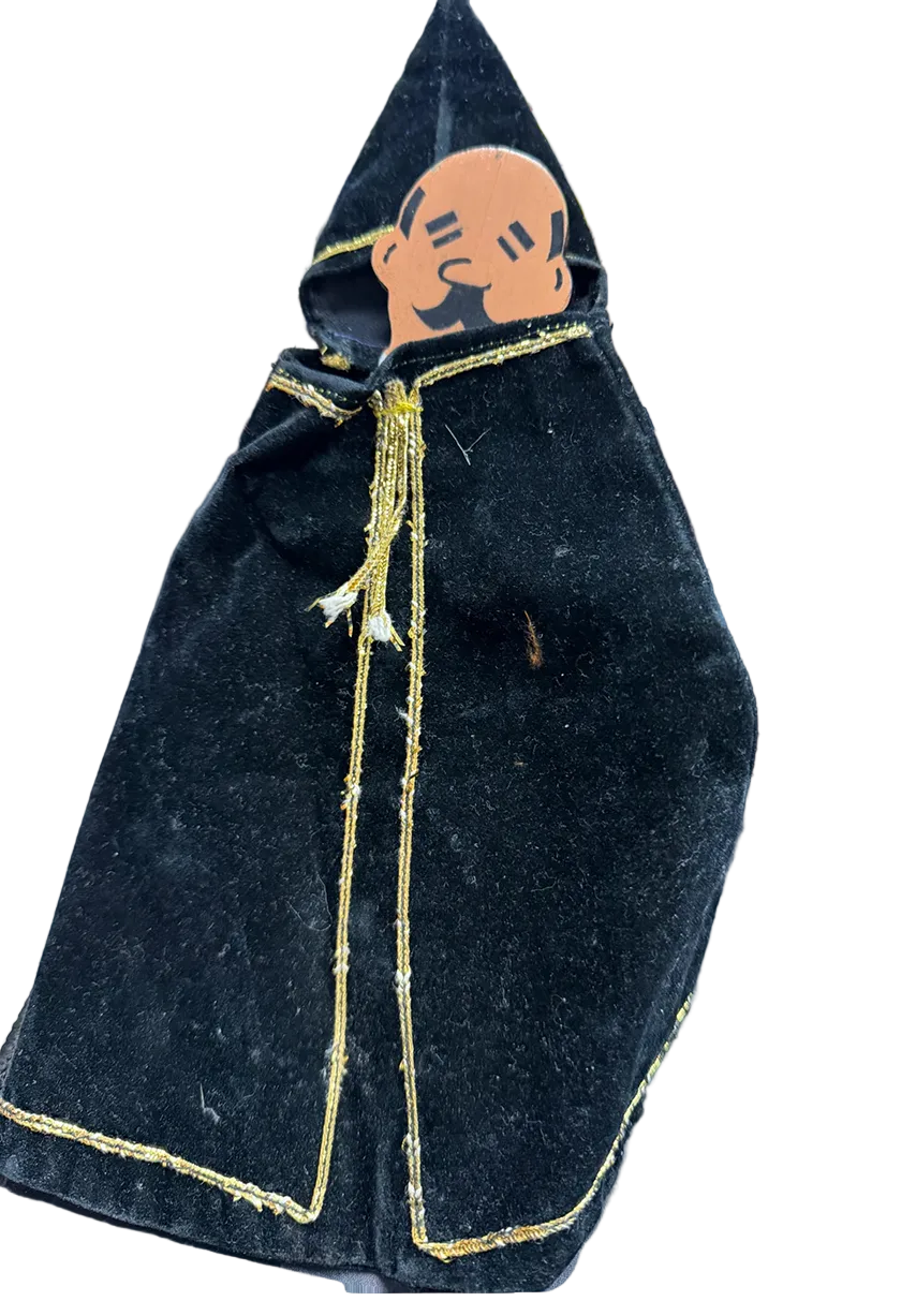 Black hooded cloak with gold trim on a white background