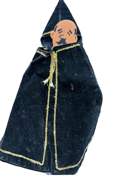 Black hooded cloak with gold trim on a white background