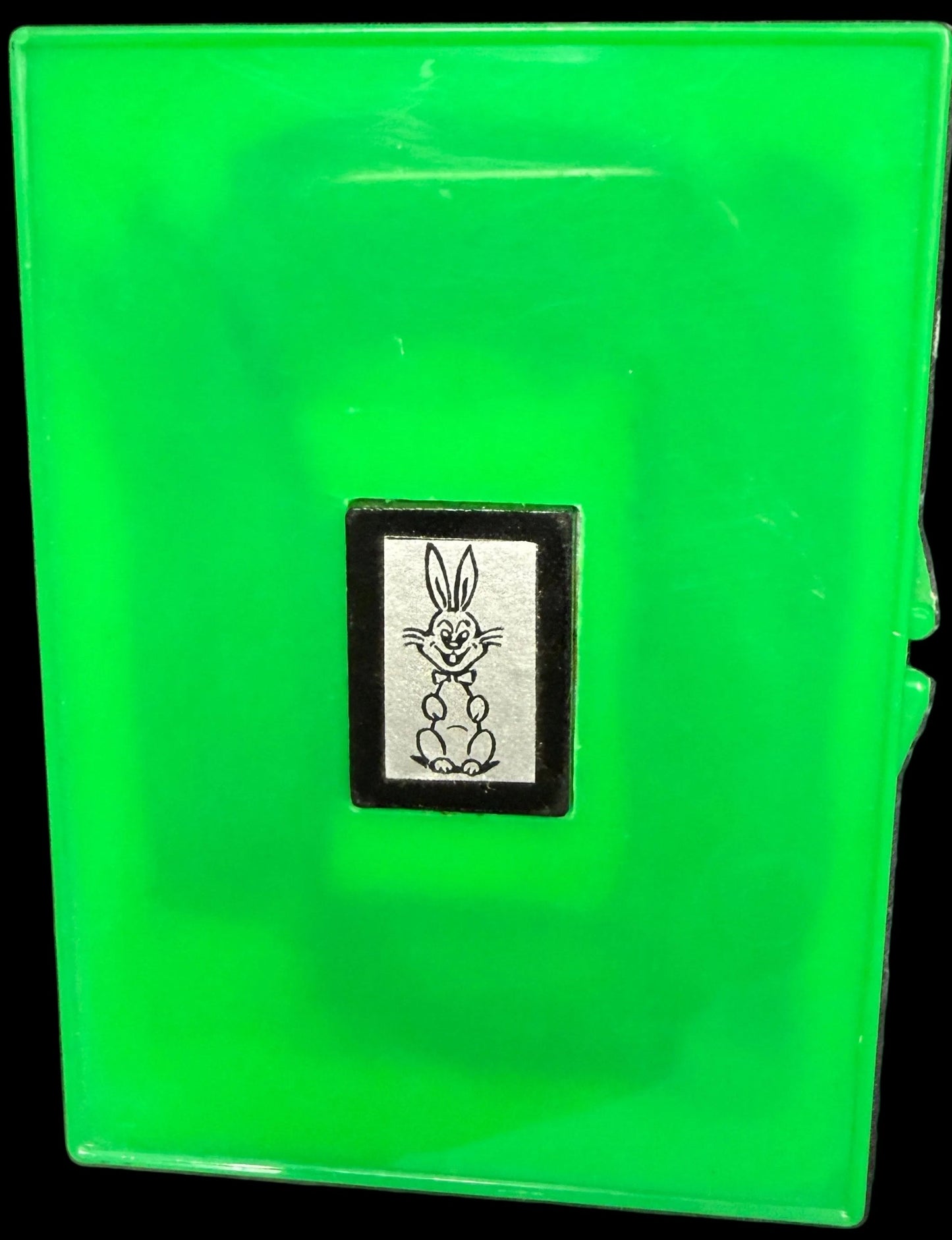 Green plastic case with a small black and white logo on a clear background