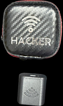 Two small electronic devices labeled 'Hacker' on a map background