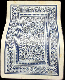 Playing card with a blue and white design on a map background