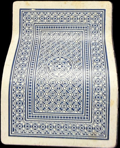 Playing card with a blue and white design on a map background