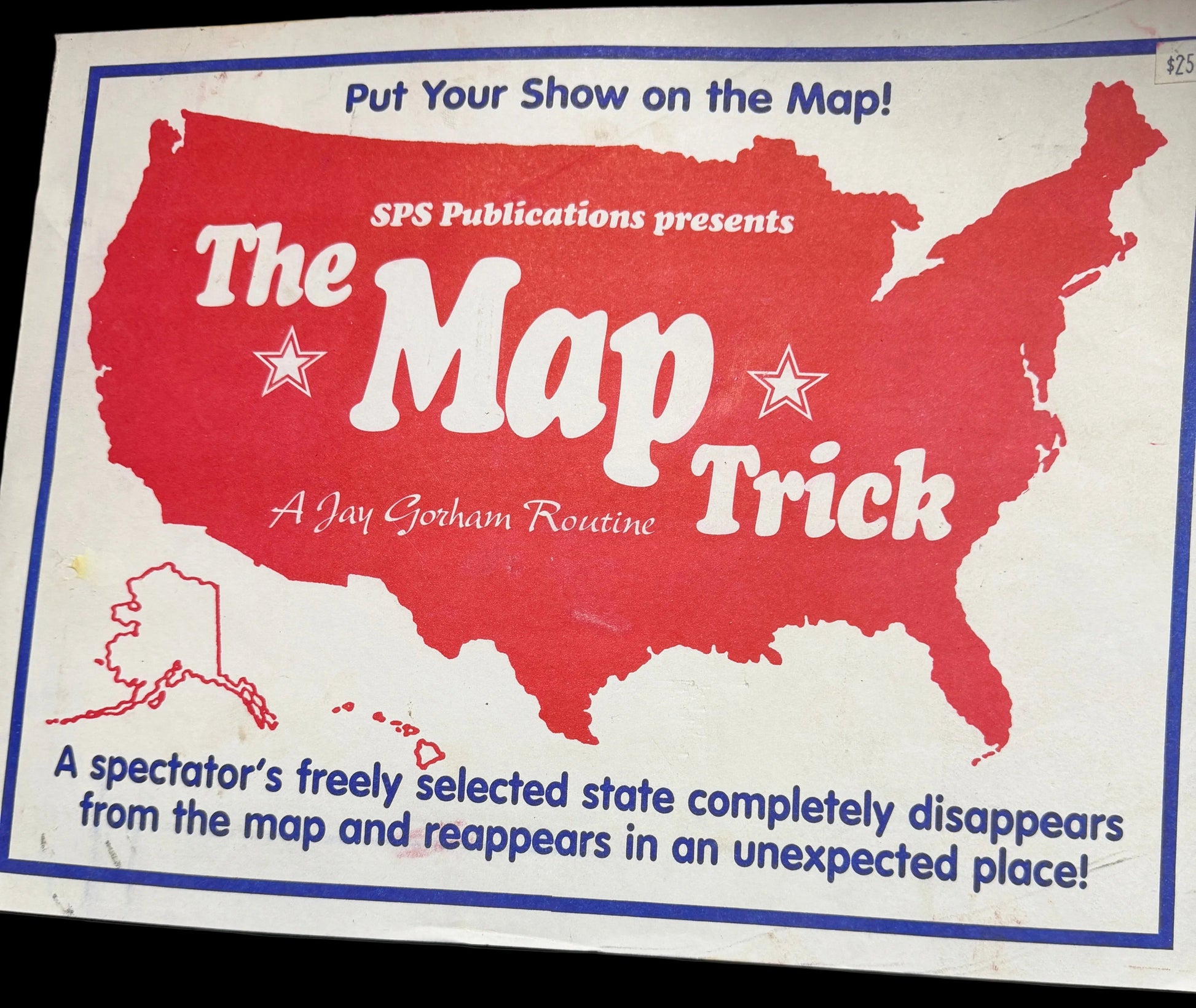 Advertisement for 'The Map Trick' magic show with a red map design on a white background.