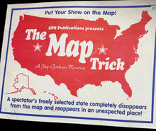 Advertisement for 'The Map Trick' magic show with a red map design on a white background.