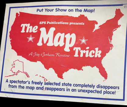 Advertisement for 'The Map Trick' magic show with a red map design on a white background.