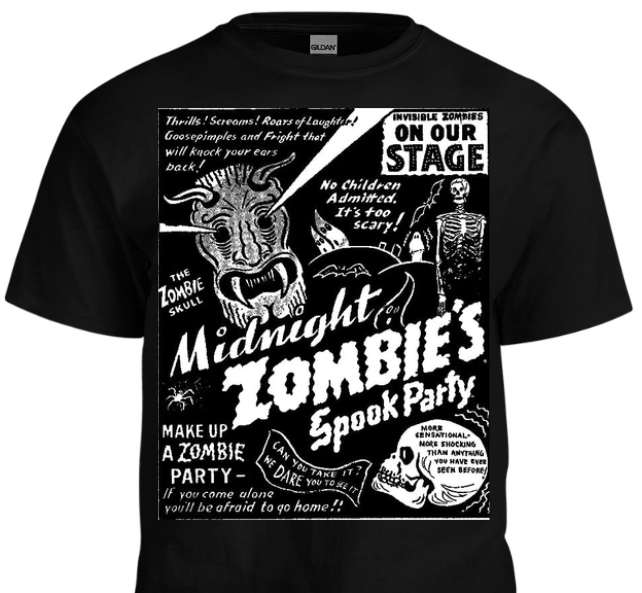 Black t-shirt with white graphic design featuring zombies and Halloween text on a white background