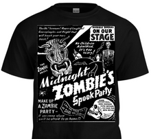 Black t-shirt with white graphic design featuring zombies and Halloween text on a white background