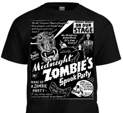 Black t-shirt with white graphic design featuring zombies and Halloween text on a white background