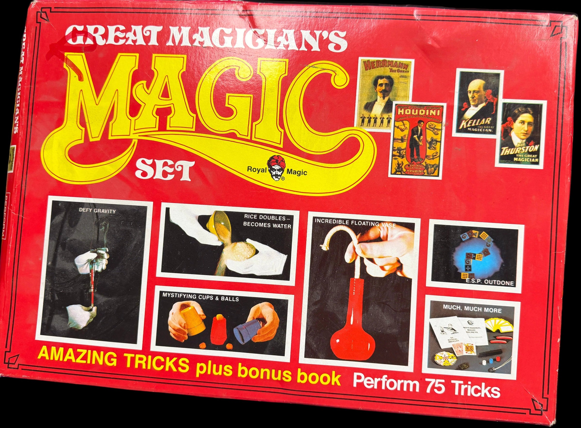 Red box of 'Great Magician's Magic Set' with images of magic tricks on a dark background.
