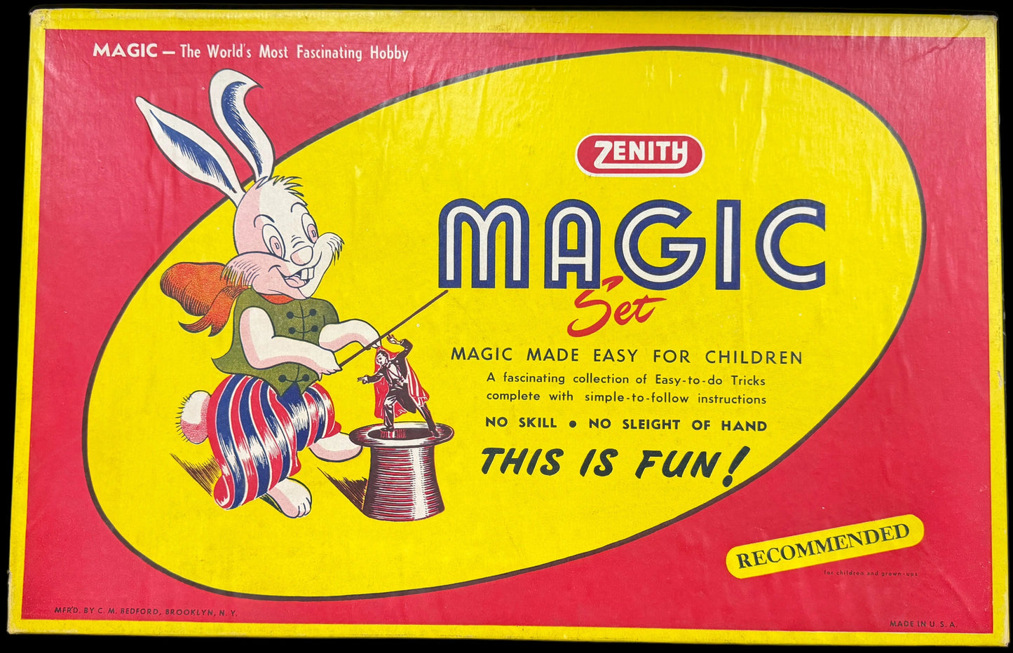 Vintage Zenith Magic Set packaging with cartoon rabbit design on a dark surface.
