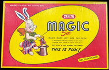 Vintage Zenith Magic Set packaging with cartoon rabbit design on a dark surface.