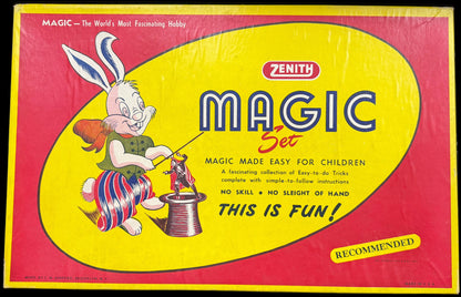 Vintage Zenith Magic Set packaging with cartoon rabbit design on a dark surface.