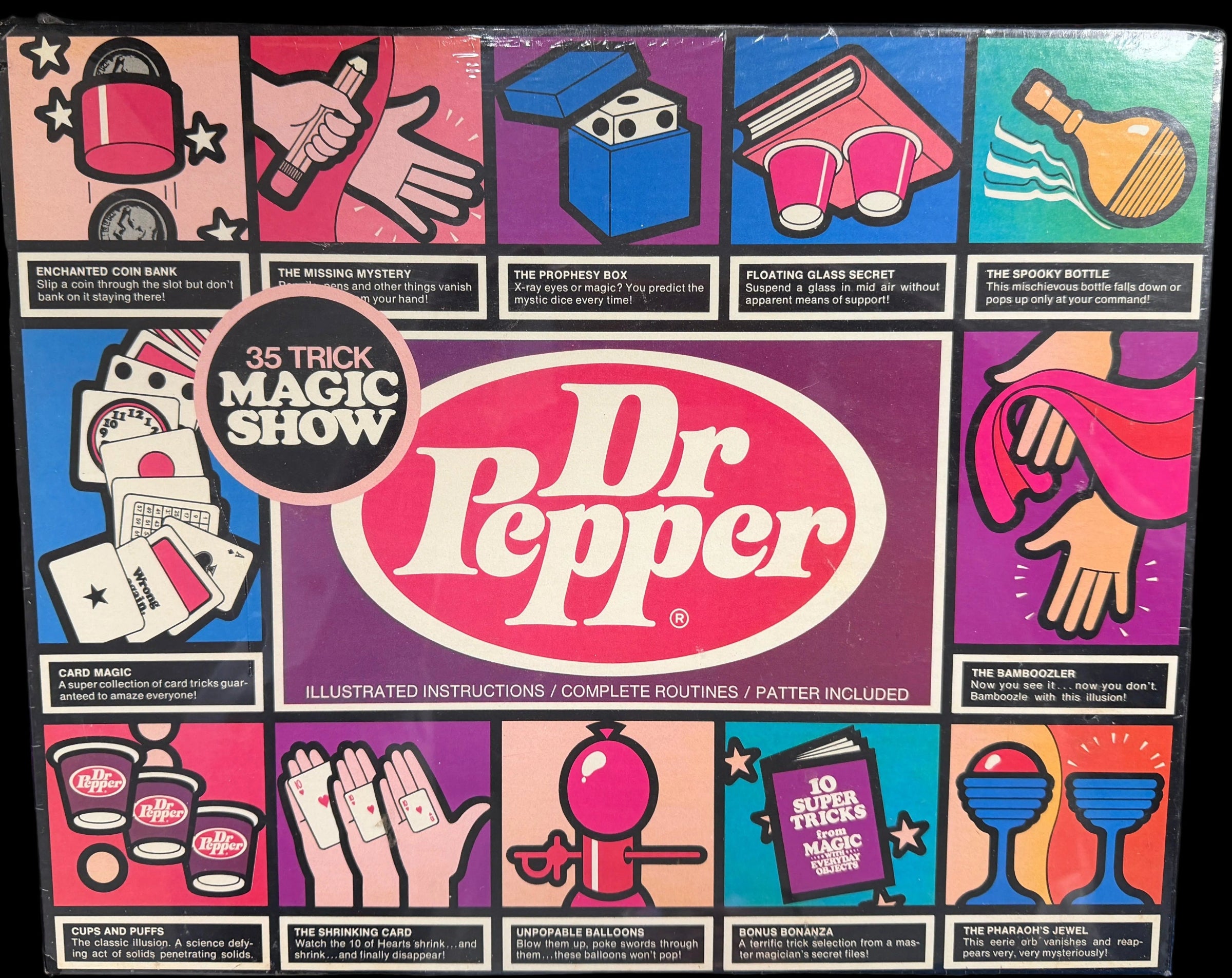 Dr Pepper magic show kit packaging with colorful illustrations on a dark background