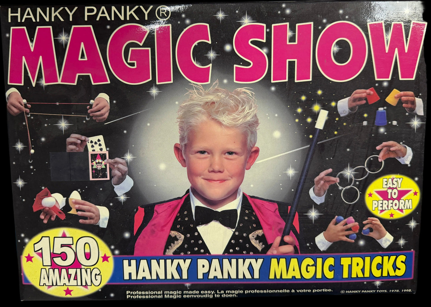 Hanky Panky Magic Show packaging with magician and magic tricks illustration on a black background