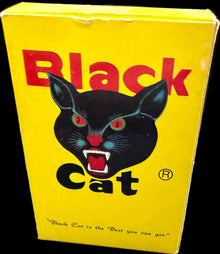 Yellow book titled 'Black Cat' with a black cat illustration on a world map background