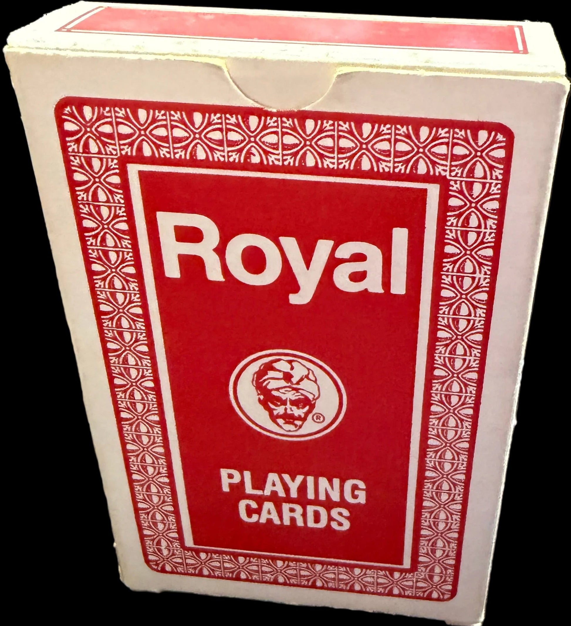 Red playing card box labeled 'Royal' on a map background