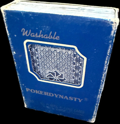 Blue deck of cards with a visible brand logo on a map background