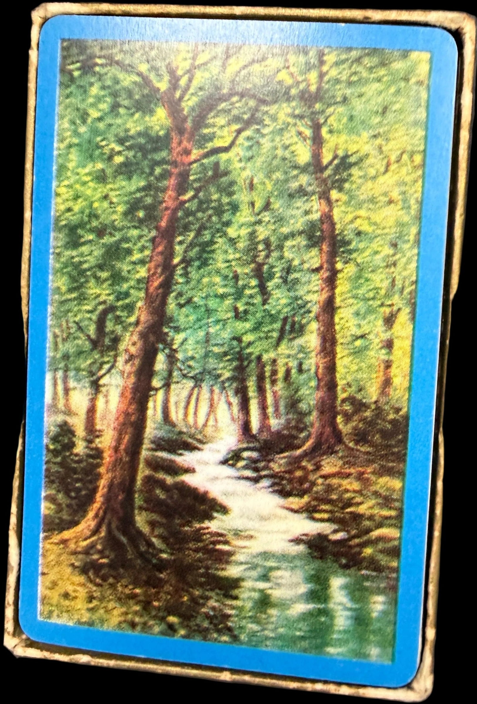 Card with a nature scene on a world map background