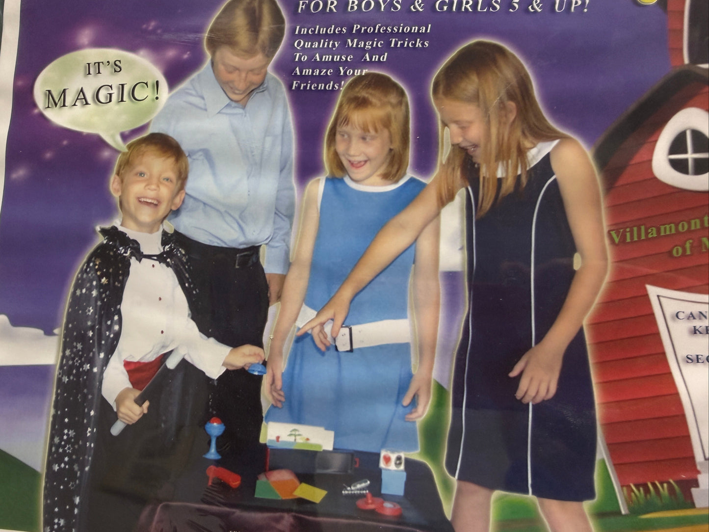 Advertisement for a magic trick set with children performing magic tricks.