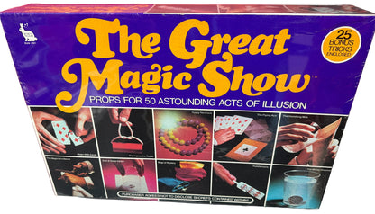 Box of 'The Great Magic Show' with images of magic tricks on a red background