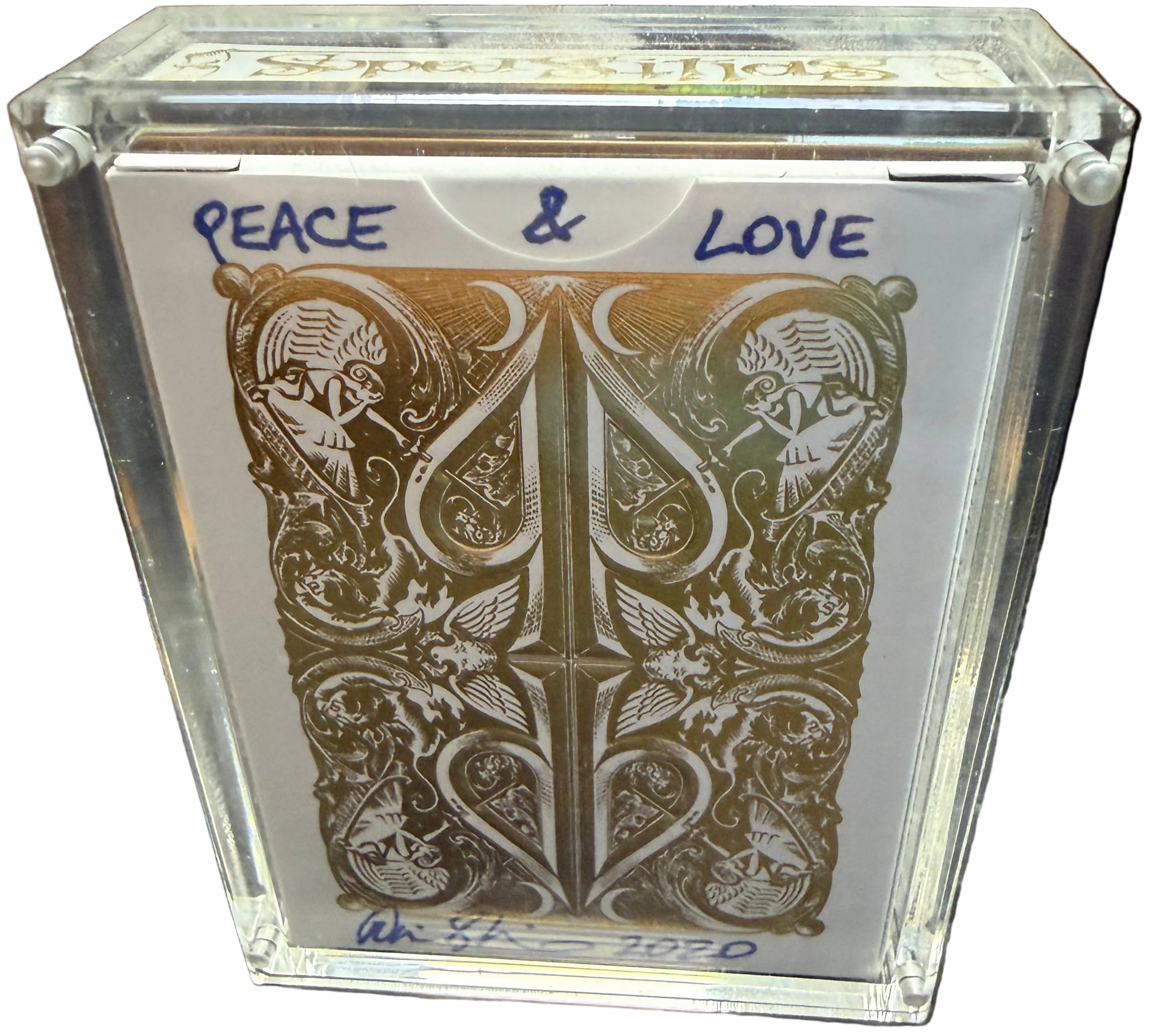 Playing card with decorative design and 'Peace & Love' text on a map background